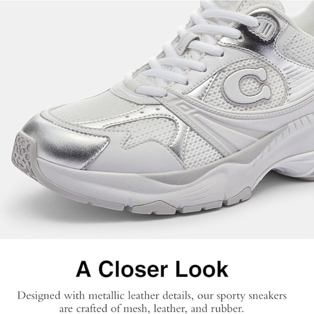 Coach Women's Metallic Mesh Sneaker, White/Grey, 6 - Picture 11 of 14